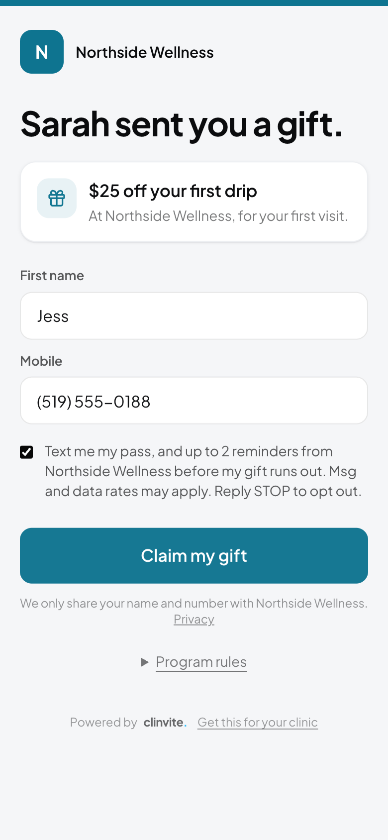 Friend's claim page: unticked consent checkbox for texts