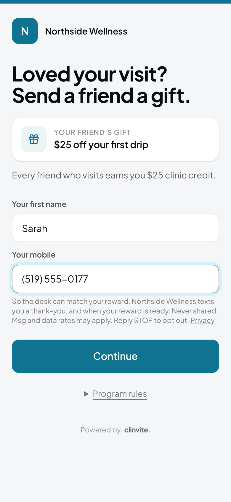Clinic referral page: mobile field with the text disclosure